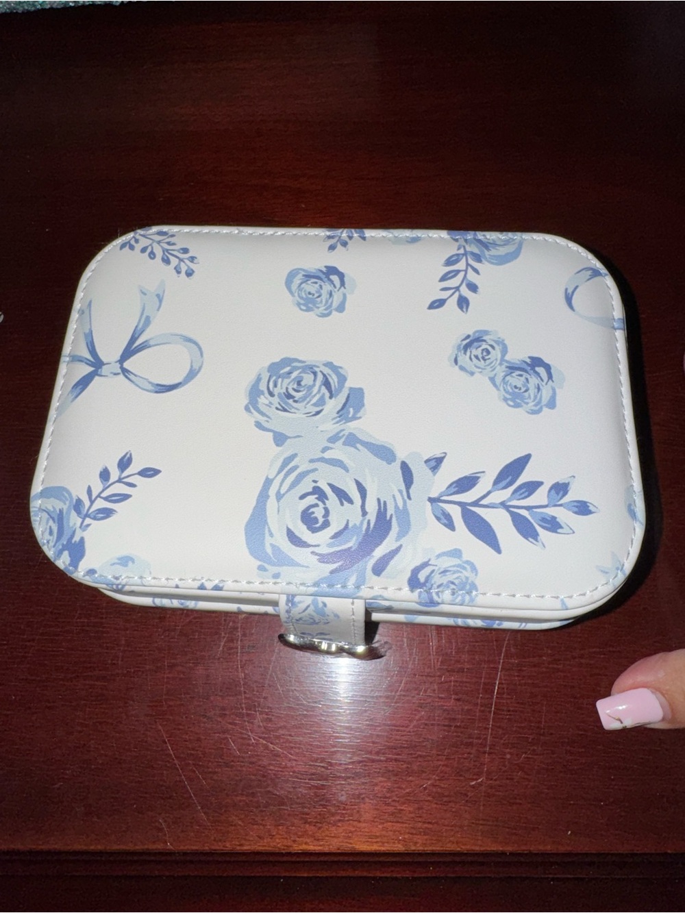 Floral Jewelry Travel Case - Blue Roses and bows on White
